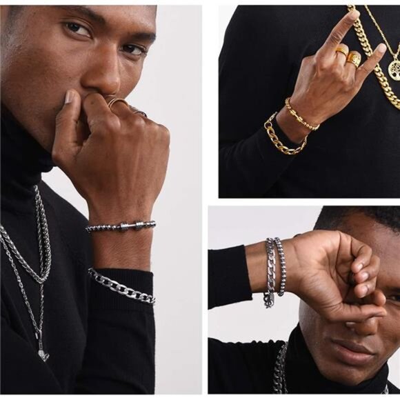 PROSTEEL Mens Cuban Link Bracelet, Black/18K Gold 316L Stainless Steel Cuban - Picture 6 of 7